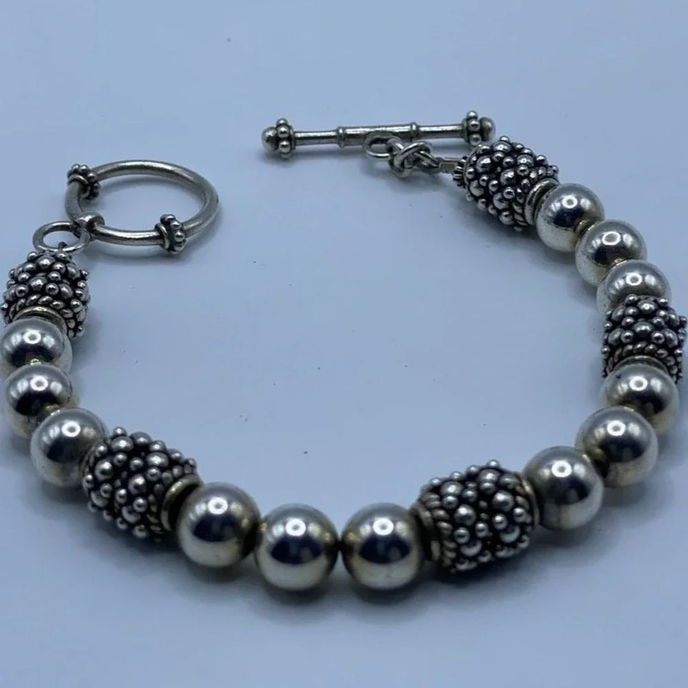 Minimalist Chic Silver Beaded Bracelet Toggle Clasp Bali Style Textured - 7.25